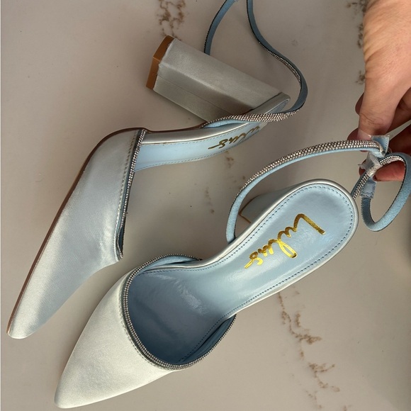 Lulus Chakay Sky Blue Satin Rhinestone Pointed-Toe Ankle-Strap Heels 8.5 new - Picture 6 of 10